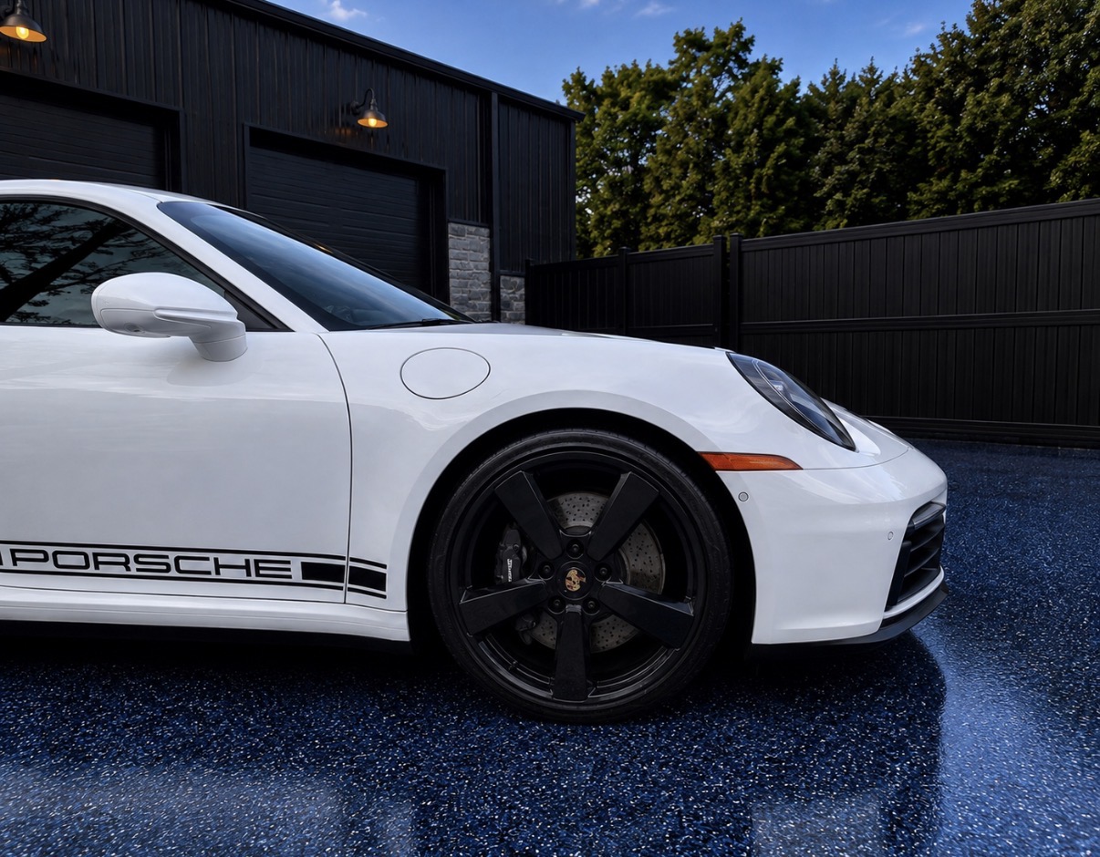 White Porsche 911 front wheel, mirror and headlight after detail