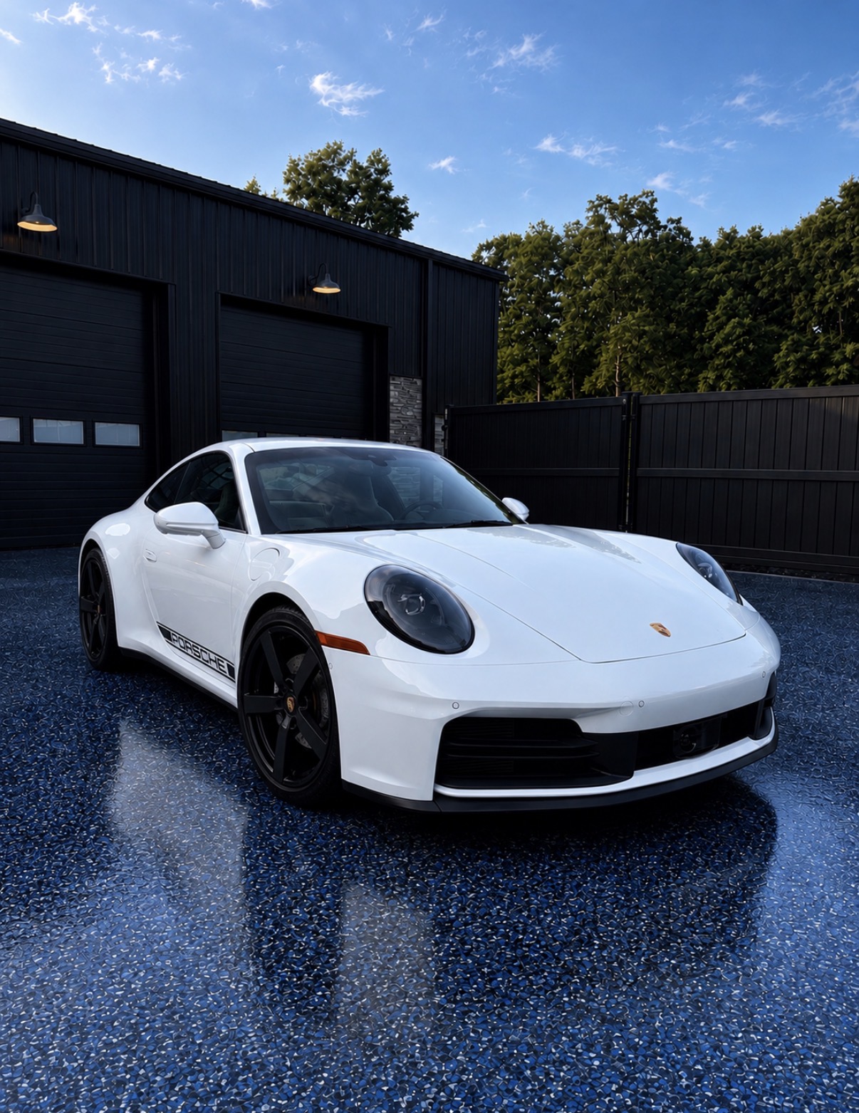 White Porsche 911 front three-quarter after exterior detail