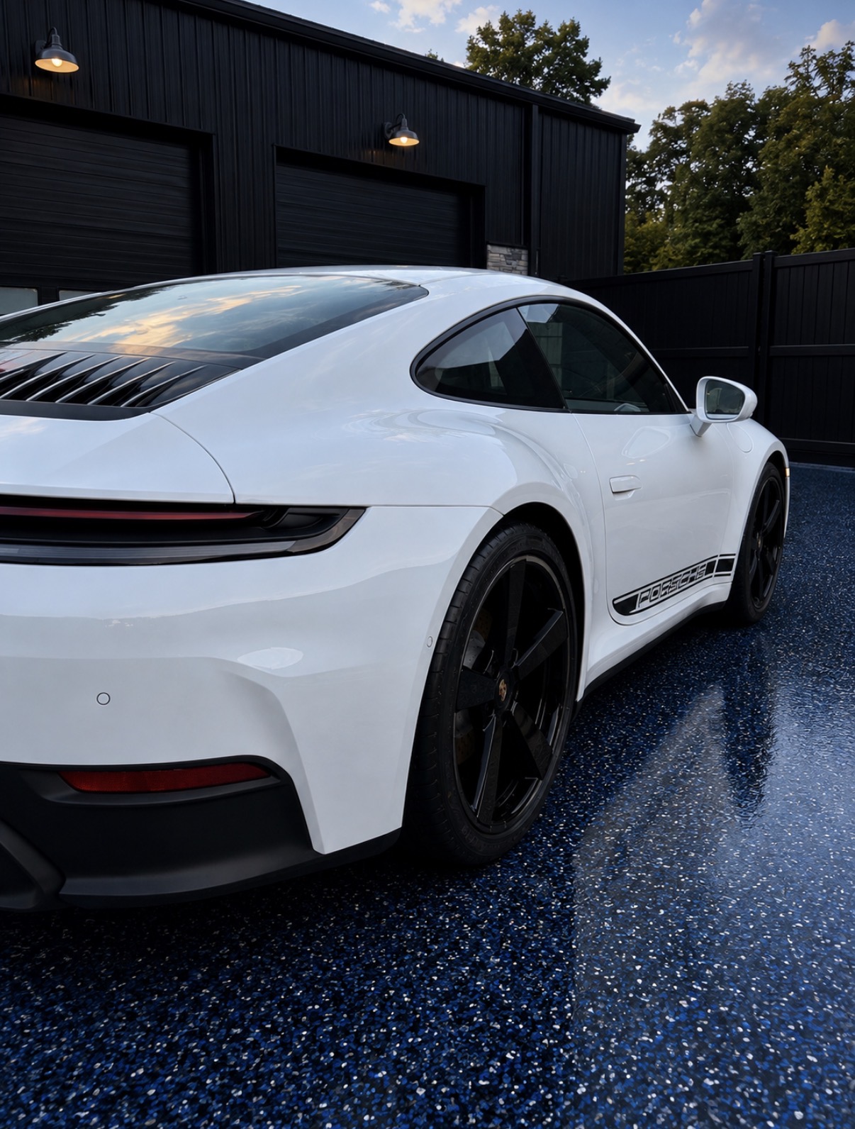 White Porsche 911 rear wheel and fender close-up after detail